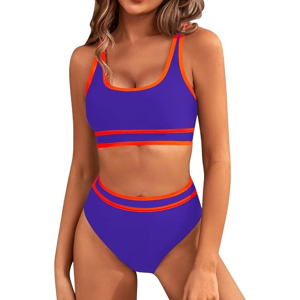 Moshu Womens Bikini Set Purple Orange High Waisted Sporty Swimsuit Size L NWT